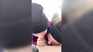 Two sexy bitches public blowjob